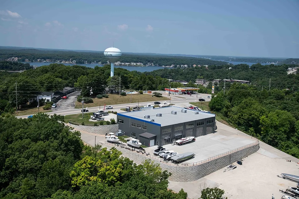 Aerial view of the Big Thunder Marine dealership and marina